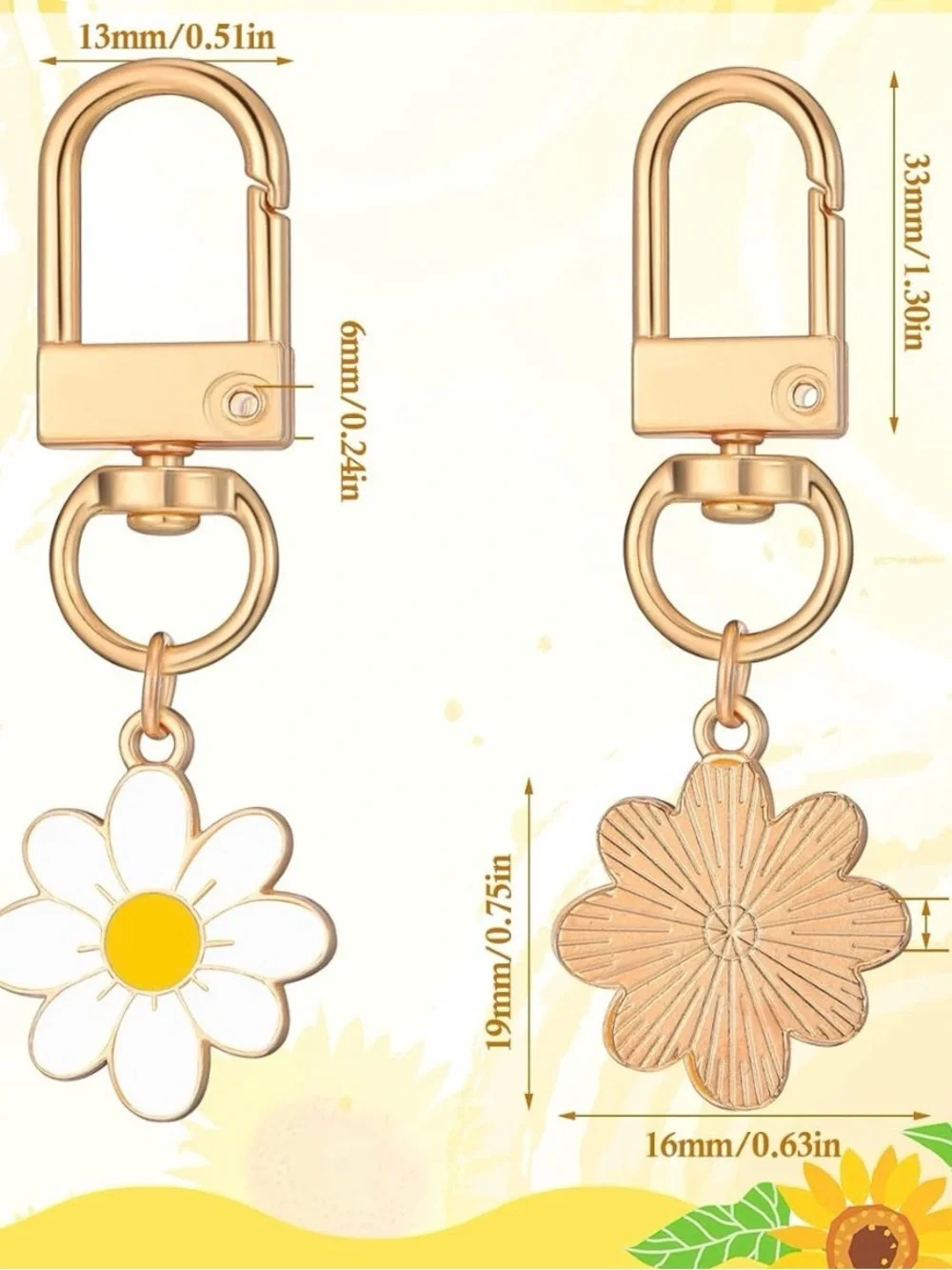 Gold Daisy Keychain Boho Bag Charm - White & Yellow 2-Pack